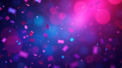 Bright central light beam shining over scattered colorful confetti on dark floor under warm bokeh glow with copyspace, concept of stage performance, award show, festive spotlight