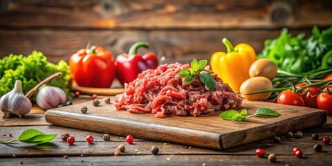 A mound of fresh ground meat sits on a rustic wooden cutting board, surrounded by an assortment of colorful vegetables and aromatic herbs, ready for culinary creation.