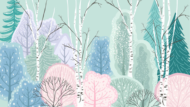 Abstract trees, birches and conifers, hand-painted on a horizontal banner. Winter forest background, landscape. Vector illustration