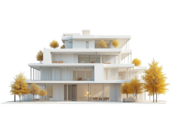 Modern white house with large windows and trees