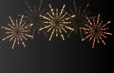 Festive golden fireworks PNG. Exploding various fireworks on a transparent background. Festive background.