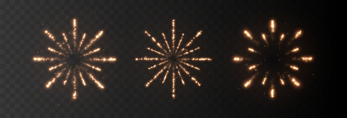 Festive golden fireworks PNG. Exploding various fireworks on a transparent background. Festive background.