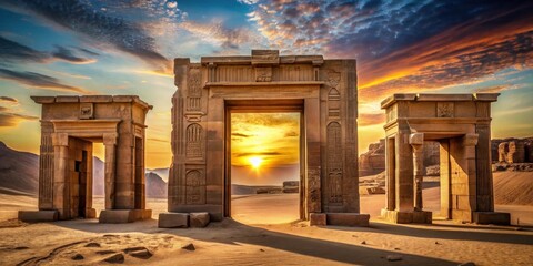 Ancient Stone Gateway at Sunset A Desert Oasis Framed by Time and Golden Light