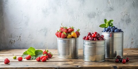 Summer Harvest Fresh Berries in Rustic Metal Containers on Wooden Table