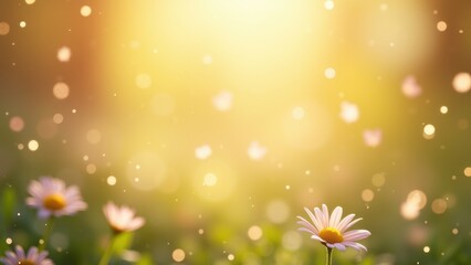 Pink tulips swaying gently among white daisies in lush green grass under golden sunrise bokeh, concept of spring gardening, floral greeting, nature wellness