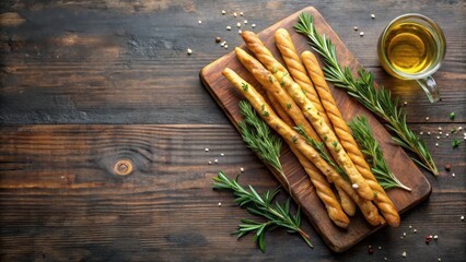 Aromatic Rosemary Breadsticks on Rustic Wooden Board with Olive Oil