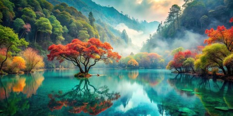 Serene autumnal landscape featuring a vibrant red tree reflected in a tranquil lake, surrounded by lush foliage and misty mountains