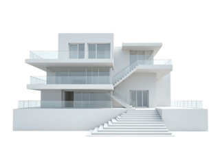 Modern white house with glass railings and outdoor stairs