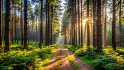 Sunlit Path Through a Verdant Forest at Dawn, Illuminating Tall Trees and Lush Undergrowth