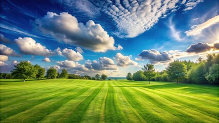 Serene Meadow Landscape Featuring Lush Green Grass Under a Vivid Sky with Puffy Clouds