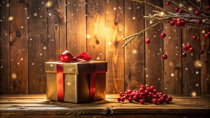 A Festive Golden Gift Box with a Red Ribbon and Holly Berries on a Rustic Wooden Tabletop, Illuminated by Warm Winter Light