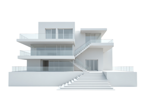 Modern white house with glass railings and outdoor stairs