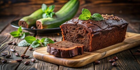 Delicious Chocolate Loaf Cake with Mint and Coffee Beans on Rustic Wooden Board
