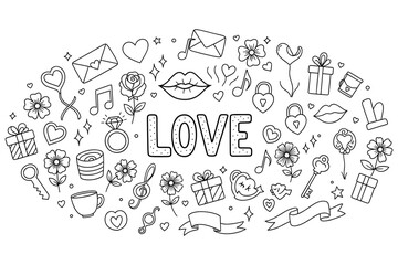 Fototapeta premium Love doodle art with hearts, flowers, and music notes in black and white