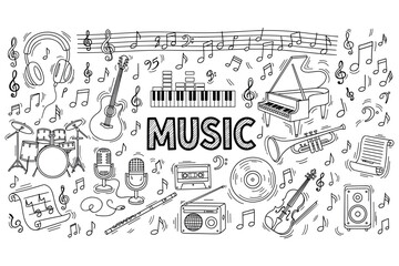 Music doodles: instruments and notes in black and white