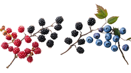 Fresh red raspberries and blueberries on branches isolated on transparent background