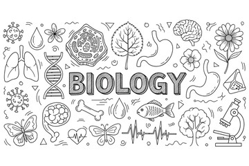 Biology icons set featuring dna, brain, cells, and lab equipment in outline style