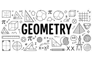 Hand-drawn geometry concepts with shapes and symbols in black and white