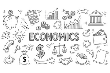 Economics concepts doodle: money, graphs, and financial symbols illustrated