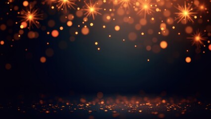 Golden sparkler bursts glowing brightly amid soft bokeh lights on dark night background with copyspace, concept of new year celebration, festive fireworks, holiday joy