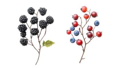 Two berry branches one black and white and one colorful isolated on transparent background