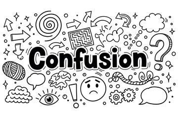 Obraz premium Confusion concept with doodles: arrows, maze, and question marks in black and white