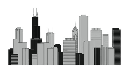 Naklejka premium Urban Silhouette: A monochromatic representation of a towering urban skyline, showcasing a panorama of architectural marvels and the city's dynamic character.