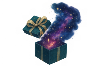 Gift box opening, revealing galaxy, space, nebula, stars and cosmic glow, a magical surprise emerging