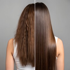 Beautiful hair transformation from frizzy to smooth and straight. The brunette model shows healthy shine after treatment. A professional salon makeover with elegant style.