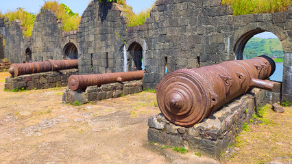 old big three cannon kalalbangdi, chavri and landa kasam on a janjira fort in murud in maharashtra in india.