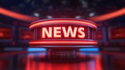 Breaking News Banner, Illuminated news sign in a modern studio setting.