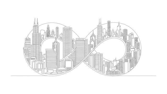 Infinite Metropolis: Architectural silhouette forming an infinity symbol, representing an endless urban landscape filled with towering skyscrapers and city structures.