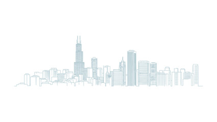 Obraz premium Chicago Skyline: A minimalistic depiction of Chicago's iconic skyline, showcasing its towering skyscrapers, intricate architecture, and urban sprawl. 