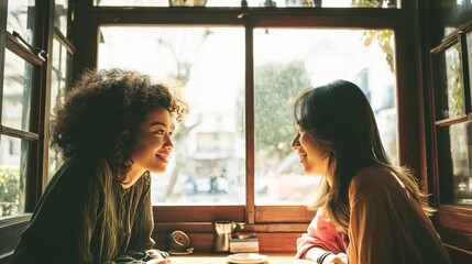 Two friends talking warmly in bright cafe filled with natural light, genuine friendship moment