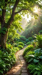 Sunlit Path Through a Lush Green Garden Landscape.