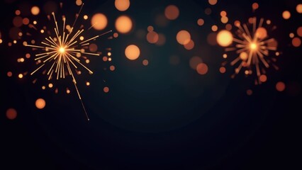 Golden sparkler bursts glowing brightly amid soft bokeh lights on dark night background with copyspace, concept of new year celebration, festive fireworks, holiday joy