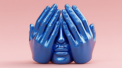 Blue sculptural face with hands covering eyes, abstract concept