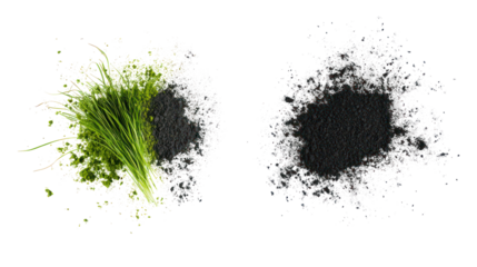 Green and gray abstract paint splatters isolated on transparent background