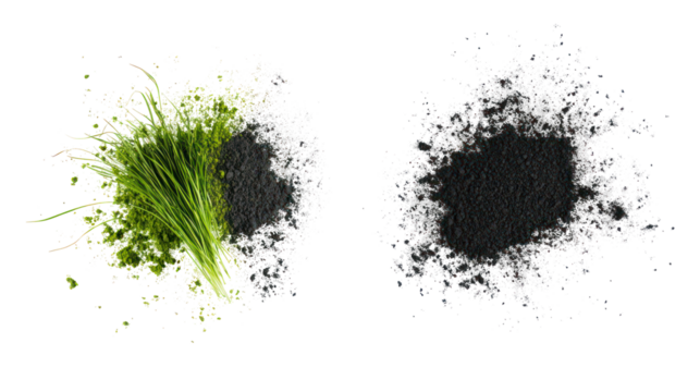 Green and gray abstract paint splatters isolated on transparent background