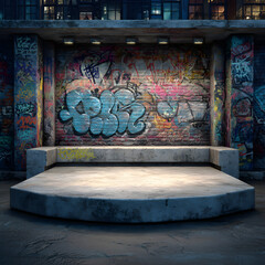 Urban stage with graffiti art illuminated by spotlights, perfect for showcasing edgy street style or alternative performances in a vibrant, creative space