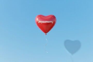 A red heart-shaped balloon with the word Joyconomy floating in a clear blue sky. Positive economy and happiness trend concept with copy space