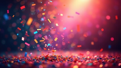 Colorful confetti pieces drifting downward through vibrant bokeh lights on warm gradient background, concept of birthday party, festive greeting, event promotion