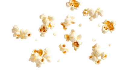 Scattered popcorn pieces isolated on transparent background
