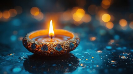 Illuminating diya candle ceremony decorated blue surface artistic photography vibrant environment close-up view cultural beauty
