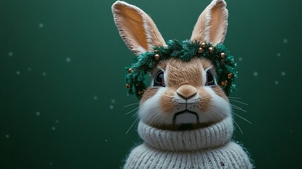 Festive bunny wearing a christmas wreath and cozy sweater against a green background with snowflakes