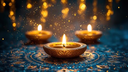 Illuminating kanjo dnok golden diya lamp mandala pattern art photography indoors close-up spiritual aesthetics