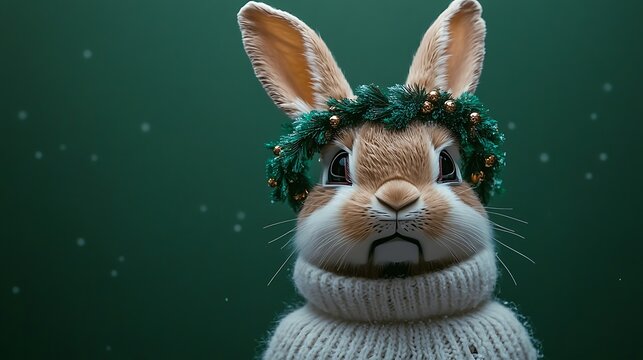 Festive bunny wearing a christmas wreath and cozy sweater against a green background with snowflakes
