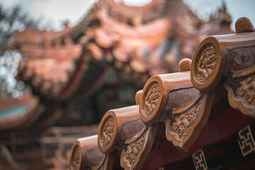 Close up details of an ancient building in Beijing, China, at the Summer Palace. The ornate...