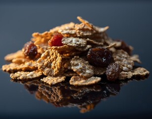 A pile of breakfast cereal with flakes, raisins, and dried strawberries on a reflective dark surface.