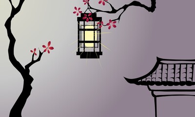 Glowing Asian Lantern with Cherry Blossoms and Temple Roof. Gradient gray-purple background. Ideal for cultural events or serene designs